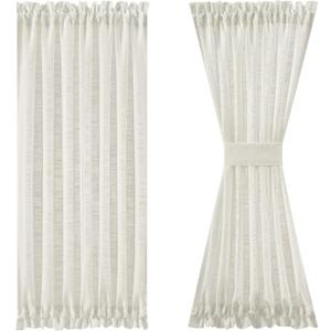 FMFUNCTEX Natural Linen French Door Curtains for Sliding Glass Door Drapes - 40 Inch Long Half Privacy Semi Sheer Panels