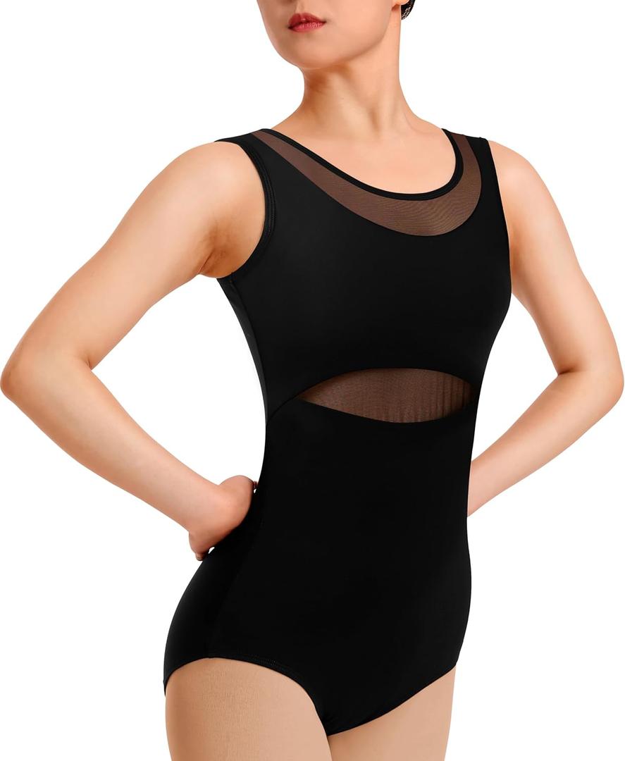 Dance Leotard for Women Ballet Mesh Tank Gymnastics Dancewear,Chest Padded Lining (Small, Black-01)