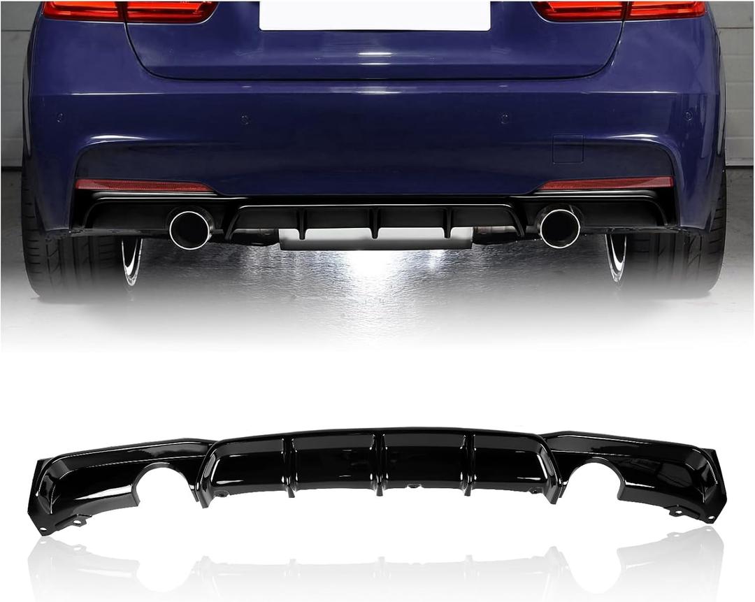 Rear Bumper Diffuser Lower Lip Spoiler for 2012-2018 BMW 3 Series F30 F31 F35 328i 330i MT MP M-Sport, Double Exhausts One Outlet, Glossy Black