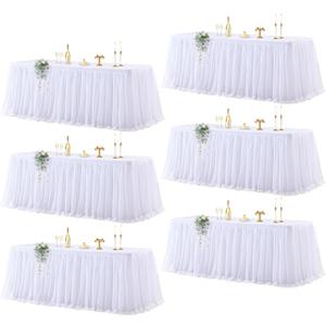 Wish Care 6 Pack White Tulle Tablecloth for 6 Foot Rectangle Tables Wrinkle Free Stretch Fitted Table Cloths with Tutu Skirt 6FT Rectangular Ruffle Table Cover for Wedding Birthday Party Banquet Cake