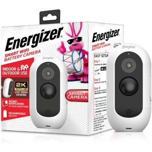 Energizer Smart 2K Outdoor Battery Security Camera, Wireless, Rechargeable, Weather-Resistant, Live View, 2-Way Audio, Night Vision, Motion Alerts, Hub-Free Wi-Fi, Remote Access, Records Video/Audio