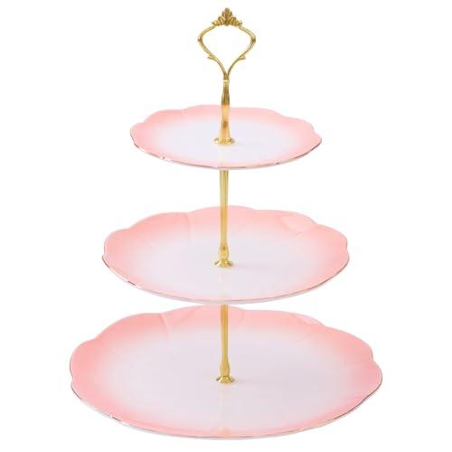 DUJUST Luxury Larger 3-Tier Cupcake Stand Tower, British Style Porcelain Serving Tray with Golden Trim, Food Grade Dessert Display Stand for Tea Party & Home Décor - 45% Gradient Pink Larger Plates