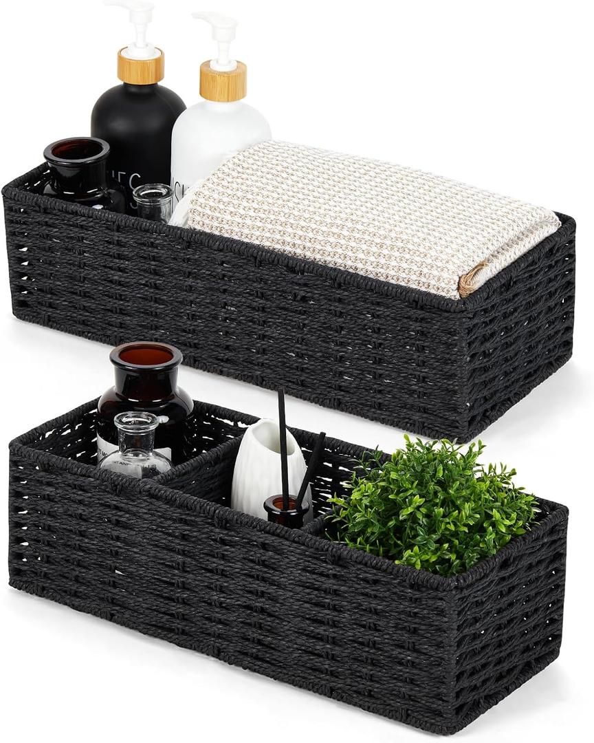 DULLEMELO Toilet Paper Basket for Organizing, Paper Rope Bathroom Baskets, Decorative Storage Bins for Countertop Bathroom Shelves, Set of 2,Black