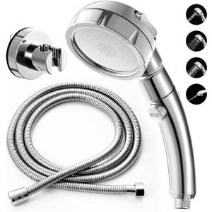 Marbrasse 3-Settings Handheld High Pressure Showerhead with ON/Off Full Shutoff Push Button,Water-saving Camping Shower with Adjustable Angle(Vacuum Suction Shower Head Holder+5 Feet Shower Hose)