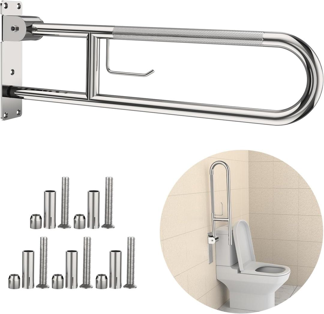 Toilet Grab Bar 30.3 Inch, YuanDe Flip Up Grab Bar with Paper Holder, Polished Chrome Anti-Slip Safety Bars for Toilet, Stainless Steel Knurled Toilet Handles for Seniors, Disabled, Elderly, Pregnant