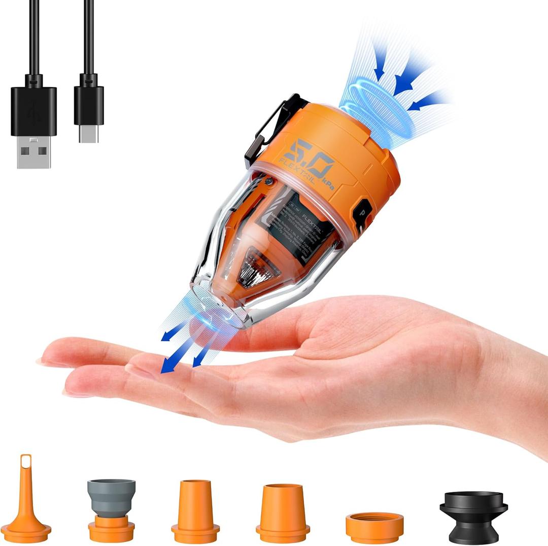FLEXTAILGEAR Max Pump 3 Air Pump for Inflatables, 5Kpa Portable Air Pump, 500L/min Air Mattress Pump with Camping Light, Electric Pump for Inflatable Pillows Swim Rings Air Mattresses Air Bed Boats (Orange)