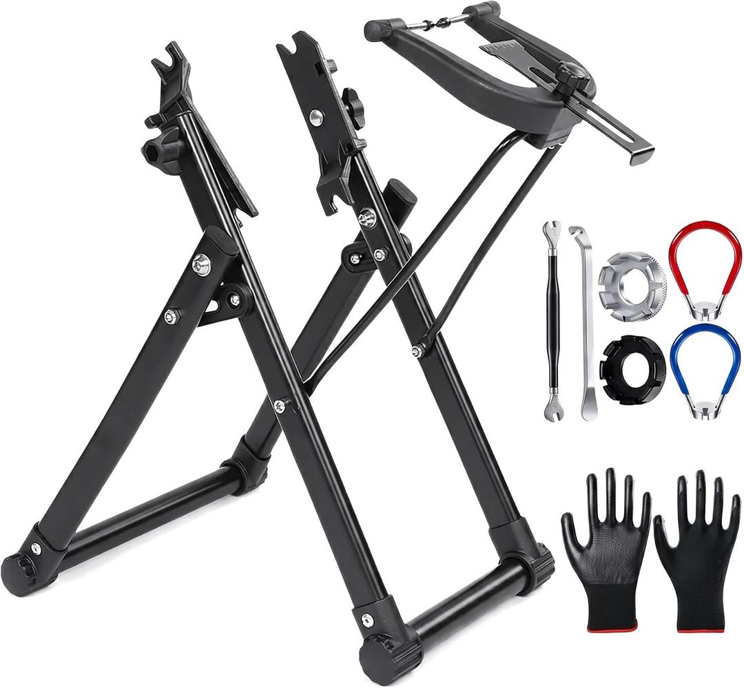 Bicycle Wheel Truing Stand Foldable Maintenance Tool Sturdy Frame Space Saving Design Adjustable Knob with Measurement Tools for Front and Rear Wheels Bike Repair Accessories