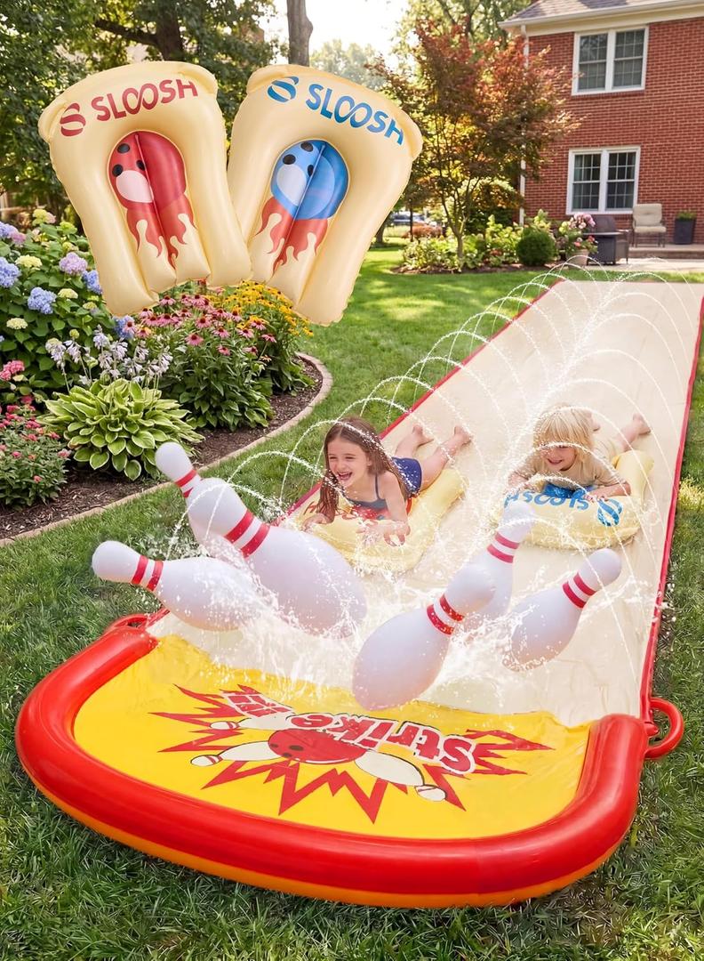 Sloosh 20FT Lawn Water Slide Bowling Game Set,Water Slides and 2 Bodyboards Summer Slip Waterslide Toy with Build in Sprinkler for Backyard Outdoor Fun for Kids