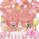 Ouddy Life Rose Gold Birthday Decorations for Women Girls, Happy Birthday Champagne Bottle Crown Heart Bow Foil Confetti Balloons Fringe Curtains Paper Tassel for 16th 18th 21st 24th Birthday Decor