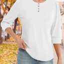 3/4 Length Sleeve Womens Tops Crew Neck Buttons Henley Shirts Tunic T Shirts Loose Fit Work Blouses 2025 Fall Trendy (White, M)