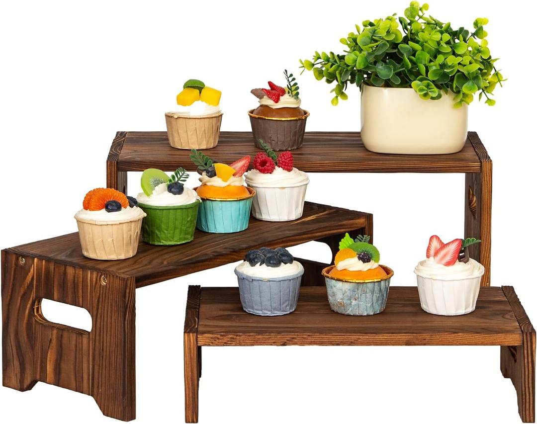 Set Of 3 Vintage Black Wooden Display Risers, Wood Cake Stands for Birthday Party,Wood Tiered Stands, Cupcake Stand For Weddings, Display Stand Size:15.7-14.1-12.6IN