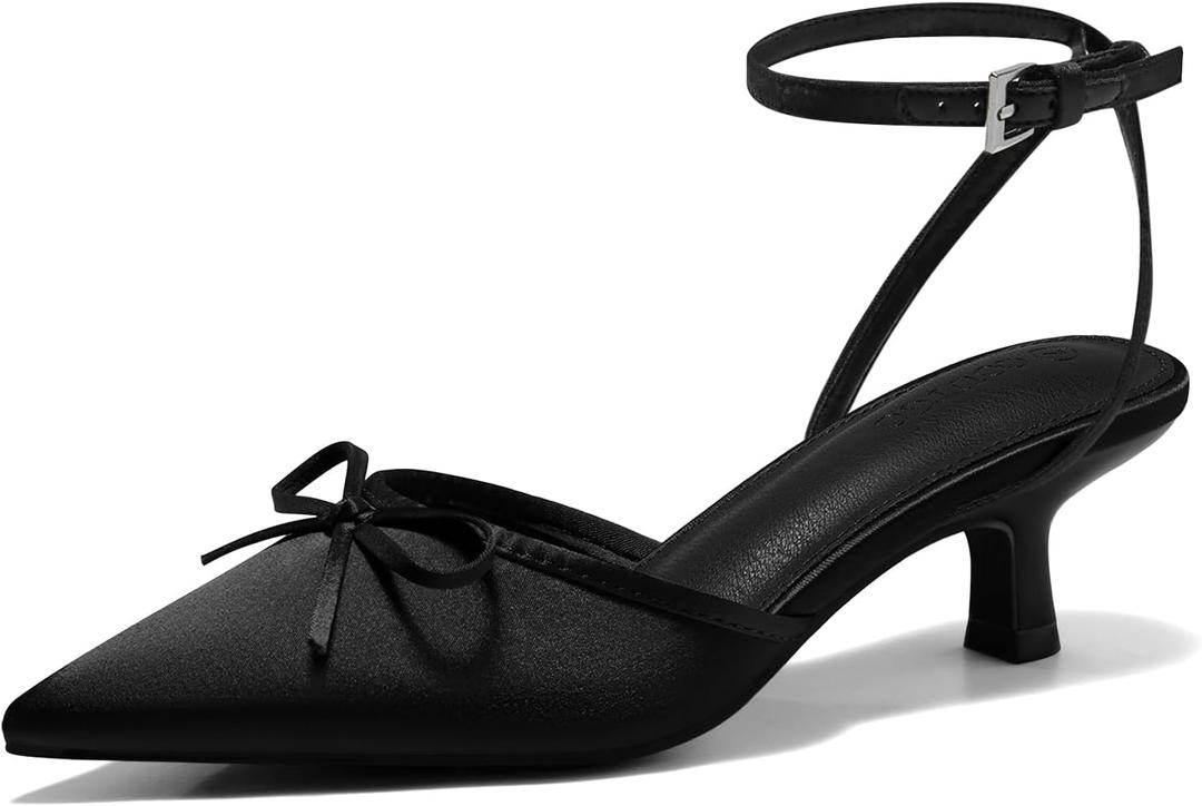 Coutgo Satin Kitten Low Heels with Bow Closed Pointed Toe Short Pumps Dress Wedding Party Shoes (8, Black)