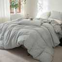 FOSSA Striped Duvet Cover Set 100% Washed Cotton Linen Feel Super Soft Breathable Cozy 3 Pieces Bedding Sets Heathered Green Classic Stripes Queen
