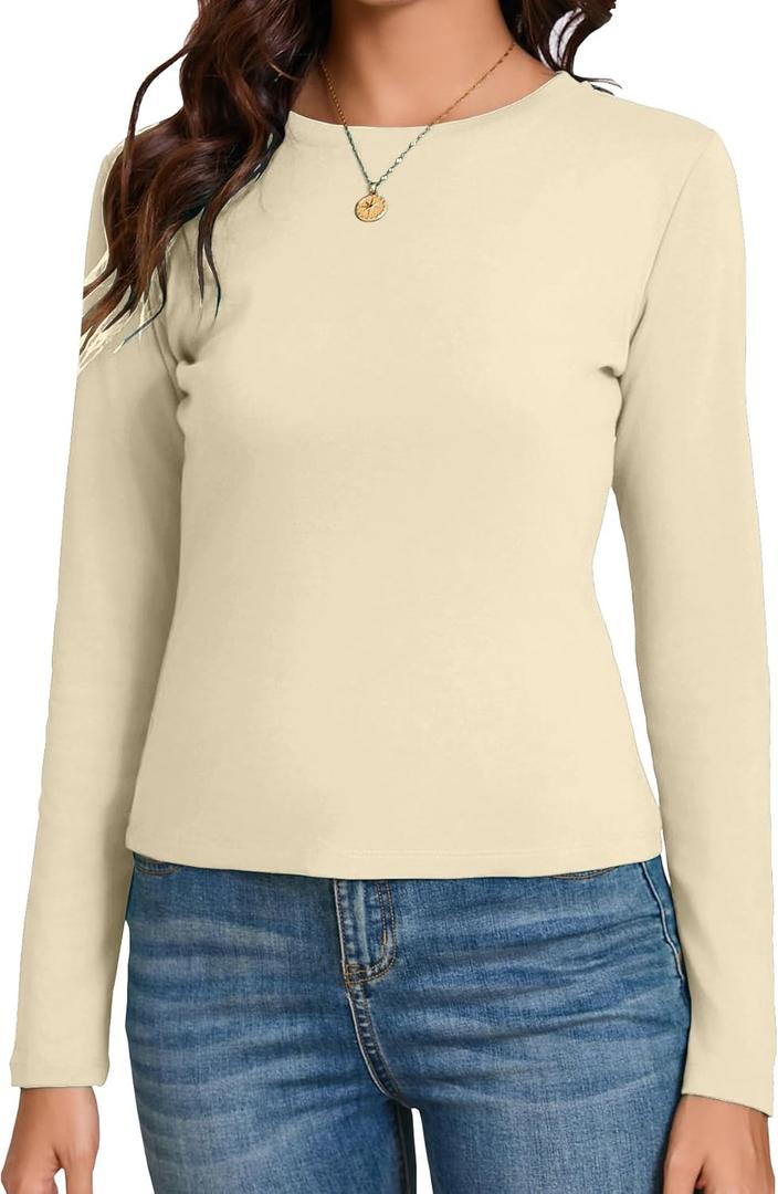Dwnval Women's Fall Long Sleeve Crewneck T Shirt Basic Slim Fitted Knit Going Out Tops (Beige, M)