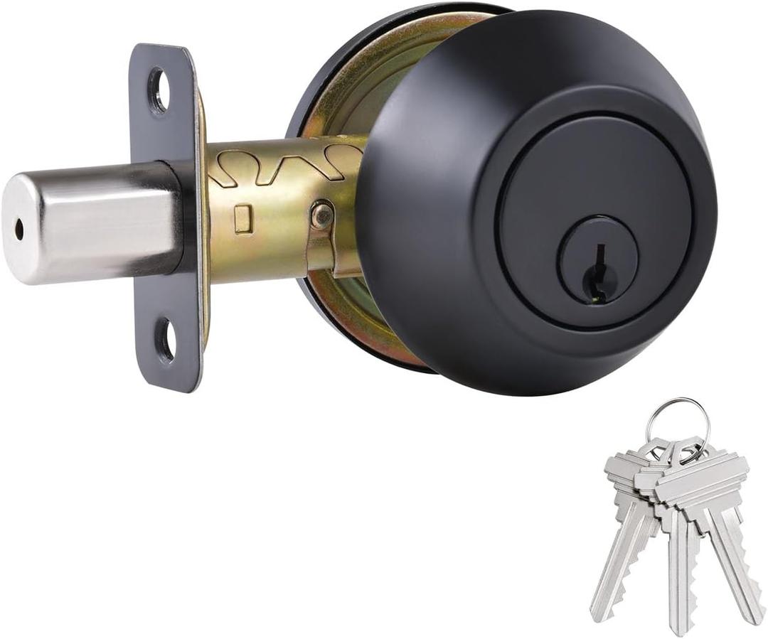 1 Side Keyed Deadbolt Lock, Single Cylinder Dead Bolt, Matte Black Round Exterior Keyed Front Entry Inside Door Deadbolt