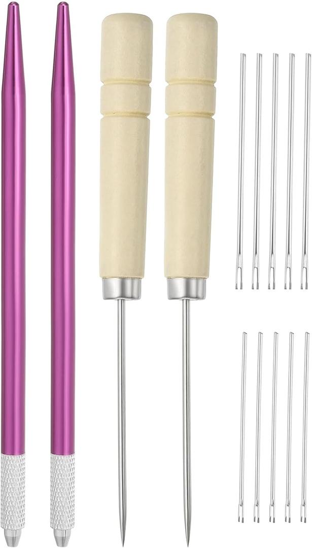 PATIKIL Doll Hair Rooting Holders Kit, 0.6mm/0.8mm Doll Hair Rerooting Knitting Needles with Wood Awls Crochet Hooks Doll Wig Tool for Doll Hair Making Supplies DIY Crafts, Purple