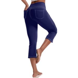 VOOVEEYA Women's Capri Leggings, Yoga Capris Pants with Pockets Stretchy Crop Pants High Waisted Straight Leg 21" (Blue, L)