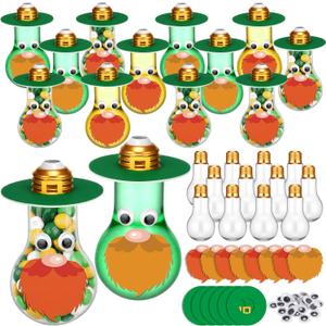 LemonRoad 24 Sets Leprechaun Hat Crafts Kit, St. Patrick's Day Leprechaun Craft Kit DIY Plastic Light Bulb Bottles Fillable Mini Drink Containers for St Patrick's Day Party Decorations