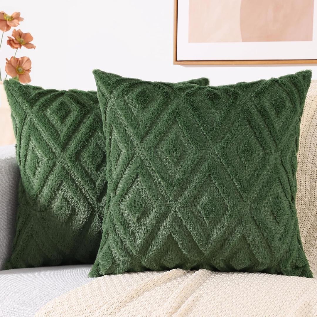 decorUhome Spring Couch Throw Pillow Covers 16x16 Set of 2, Decorative Soft Plush Faux Fur Wool Accent Pillow Covers for Modern Farmhouse Bed Sofa Living Room, Forest Elf