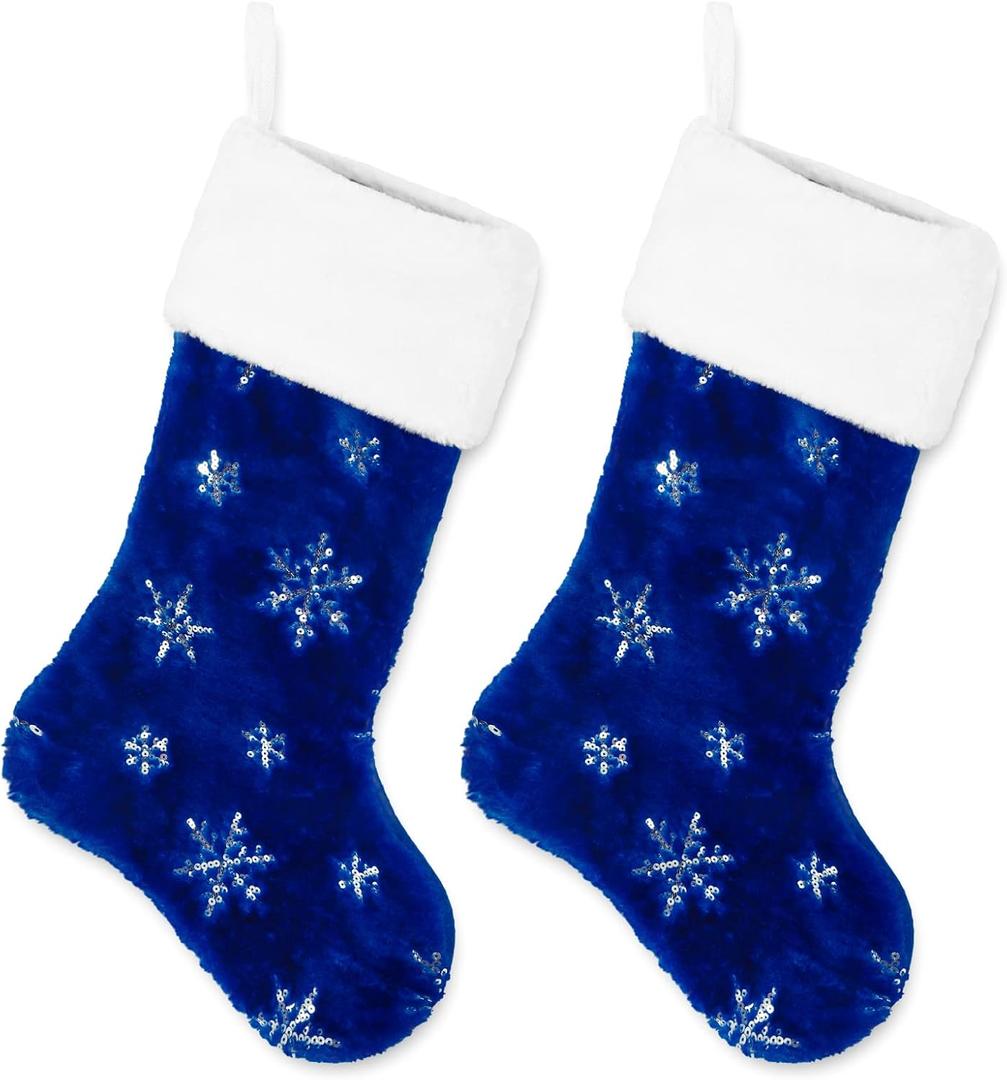 AnyDesign 2 Pack Christmas Stockings Large 22 inches Blue Silver Snowflake Pattern Hanging Stockings Classic Xmas Hanging Decorations for Christmas Party Home Fireplace Decor Family Friend Gift