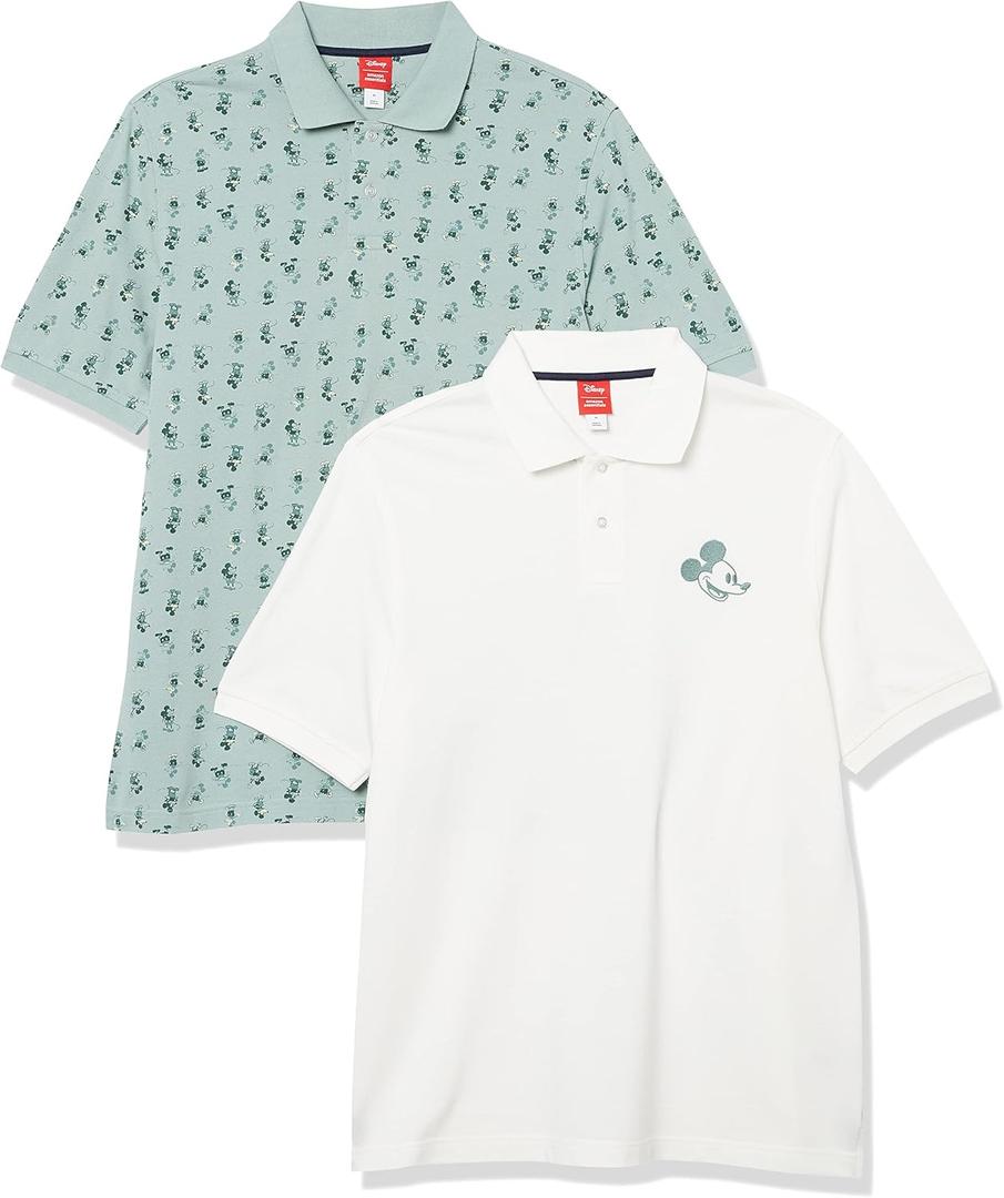 Amazon Essentials Disney | Marvel | Star Wars Men's Regular-Fit Short Sleeve Cotton Pique Polo Shirt, Pack of 2 (Medium, Mickey Peace)