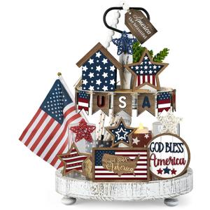 FoldTier 18 Pcs 4th of July Tiered Tray Decor Set Rustic Patriotic Independence Day Decoration Glow Vintage Farmhouse 4th of July Tiered Tray Sign Wooden Red White Blue Decor for Table(Rustic)