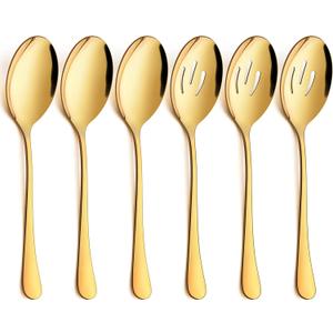 LIANYU 6 Pack Gold Serving Spoons Set, Large Slotted Spoons, Stainless Steel Buffet Dinner Restaurant Golden Serving Utensils, Catering Set for Party Banquet, 9.8 Inch