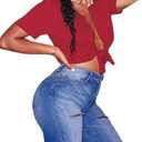 Bornpom Women Sexy Graphic Tees Low Cut V Neck Tops Short Sleeve Shirts Knot Front Tops (Red, M)