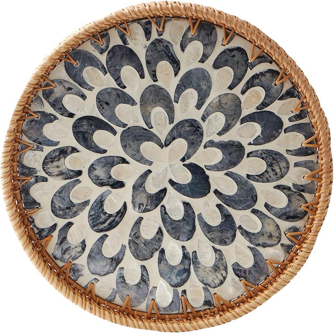 Round Rattan Tray with Mother of Pearl Inlay, Rattan Serving Tray with Wooden Base, Decorative Wicker Basket for Table Decor, Storage and Display of Coffee Bread Food Fruit (Plume) (11.8")