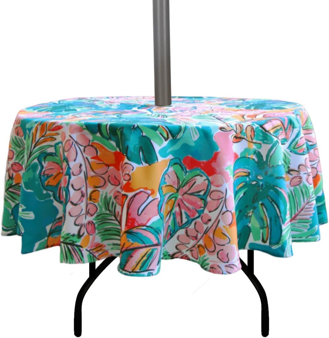 EHouseHome Outdoor and Indoor 60inch Round Tablecloth with Umbrella Hole and Zipper, Waterproof Zippered Patio Cloths, Spring/Summer Table Covers for Backyard Circular Table/BBQs/Picnic (Tropical Leaf)