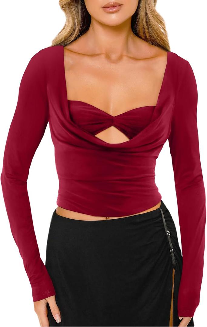 CSDAJIO Women's Sexy Draped Cowl Neck Long Sleeve Cut Out T Shirt Low Cut Fitted Top Ruched Going Out Shirts (L)