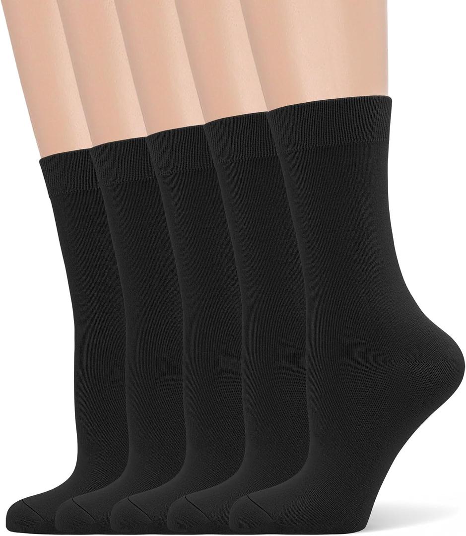 Women's Soft Thin Viscose Bamboo Crew Socks, Fit Stretchy Casual, Business, Dress Calf Sock 5 Pairs (Medium, Black)