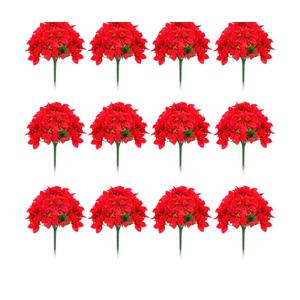 Dingion 12 Pieces 7 Heads Christmas Artificial Poinsettia Flowers Faux Bush Bouquets Silk Poinsettia Ornaments Decorations for Xmas Party Wedding(Red)