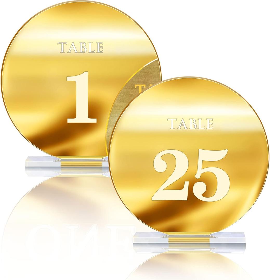 Acrylic Wedding Table Numbers 1-25 with Stands,4.8"Round Mirror Gold Table Number Signs and Holders for Wedding Reception, Party, Event, Centerpiece Decoration
