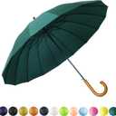 SoulRain 16 Ribs 48" Stick Umbrella Auto Open Solid Color Fashionable and SimpleArc Classic Wood HandleWindproof Unbreakable Stick Rain Umbrella