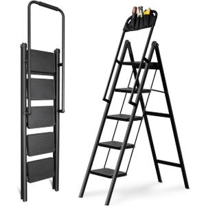 5 Step Ladder with Handrails, Ladders for Home with Removable Tool Bag, Heavy Duty Ladders 330lbs Capacity, Folding Ladder Easy to Store, Tall Kitchen/Closet Ladder for Adults