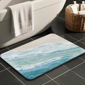 Coastal Beach Bathroom Mat Quick-Drying Non-Slip Rubber Bath Mats Super Absorbent Sand Wave Blue Teal Bath Mat Instant Dry Bathroom Rug forKitchen Sink, Shower Room, Bathtub,(16"x24"+30"x20")