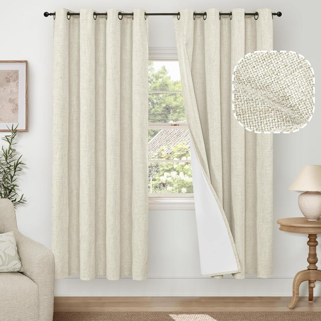 Blackout Living Room Curtains 72 Inch Long 2 Panels, Textured Linen Black-Out Curtains for Bedroom Light Blocking, Bronze Grommet Thermal Insulated Window Drapery, Each 52" Wide, Natural