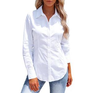2 x Button Down Shirts for Women Long Sleeve Dress Shirts Collared Work Wrinkle Free Office Solid Blouses Fitted Tops M