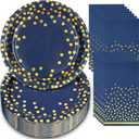 100PCS Blue Paper Plates and Napkins, Blue and Gold Party Decorations for Birthday Wedding Christmas Holiday Party Decorations, Serve 50