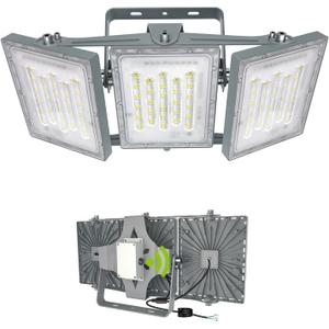 STASUN 300W Dusk to Dawn Flood Light, 30000LM 6000K LED Floodlight Outdoor with Photocell Sensor, IP66 Waterproof, 3 Head Muti Angle Lighting for Parking Lot, Stadium, Backyard, Sport Court (Gray)