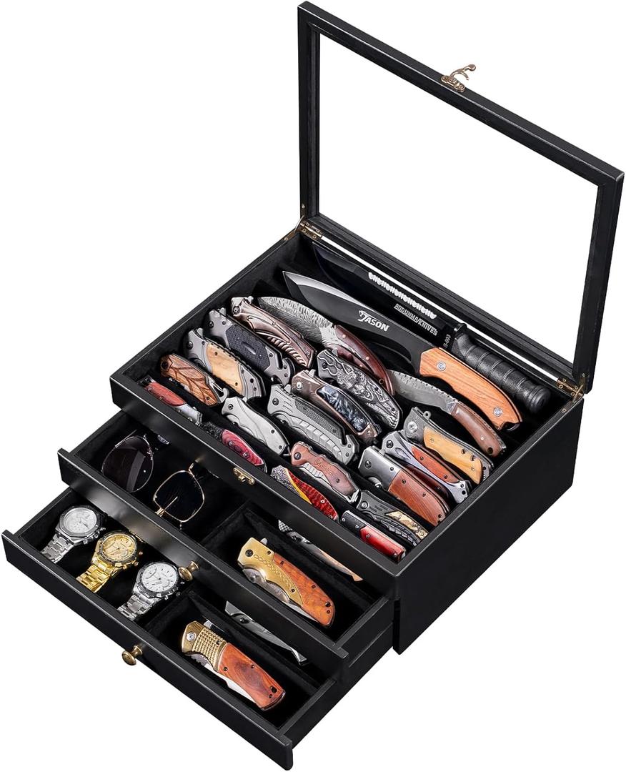 Large Knife Display Case, Large 3-Tier Wooden Pocket Knife Organizer with Glass Lid & Drawers, Storage Box for Folding Knife Collections, Ideal Men's Gift(Black)
