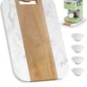 NiHome Appliance Sliding Tray for Coffee Maker, 14"x9.5" Acacia Wood & Marble Smooth Silent Wheels Roll-Out Caddy, Scratch-Free Under Cabinet Countertop Slider for Blender, Air Fryer, Toaster (White)