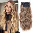 20 Inch Clip on Hair Extensions for Women 4PCS Long Wavy Reddish Brown Highlighted Beige Blonde Clip in Synthetic Hair Extensions for Wedding Use