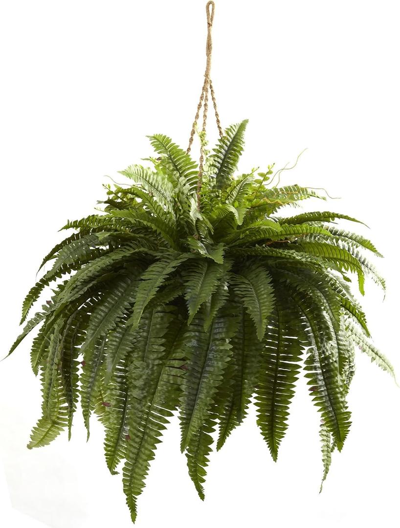 Nearly Natural Giant Boston Fern 36 in Wide Artificial Hanging Plant with Basket - Faux Greenery for Indoor Home Office Bedroom Decor, Realistic Leaves