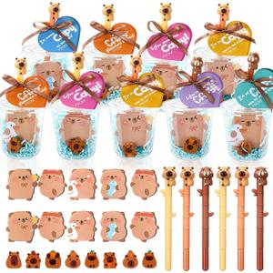 24 Set 148 Pcs Valentines Capybara Gifts Capybara Party Favors Sticky Notes Pens Heart Cards Erasers Cups Fun Valentine's Day Gifts for Exchange Rewards Prize Birthday Goodie Bag Stuffers