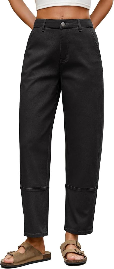 Eddoyee Harem Pants for Women, High Waisted Elastic Cropped Pants Ankle Length with Cargo Seam Layered Design (Small, Black)