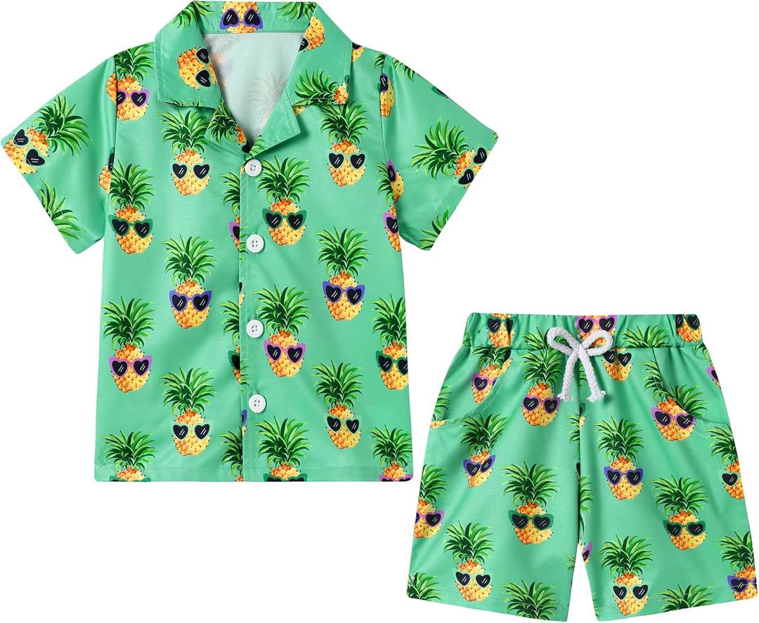 YUEMION Boys Hawaiian Outfit 2Pcs Set Summer Beach Button-Down Shirt Top + Shorts for Kids 2-10 Years (Green - Pineapple)-9-10 Years