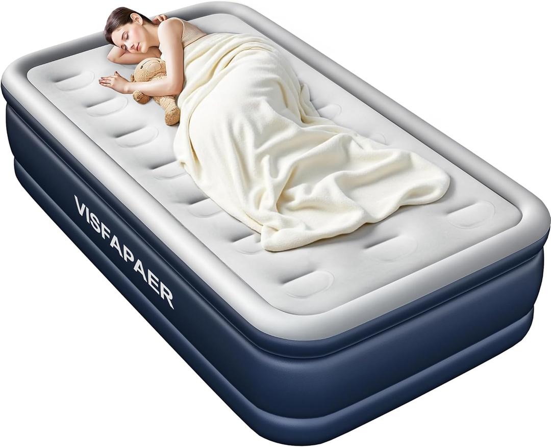 Twin Air Mattress with Built in Pump Raised, 18'' High Inflatable Mattress Electric Blow Up Mattress Fast Blow Up Bed Tall Comfortable Airbed for Camping, Home Guests, Travel w/ Storage Bag 550Lbs Max (Blue)