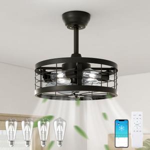 VOLISUN Caged Ceiling Fan with Light, 16.5in Black Fandelier with Remote, Farmhouse Bladeless Ceiling Fan Lights for Kitchen, Bedroom (4 * 5000K Bulbs Included) (16.5 INCH, Include 5000K Bulbs)